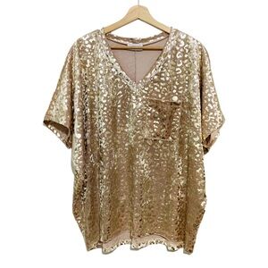 ADRIENNE Gold Metallic Velvet Animal Print Women's Boxy Top Size Large